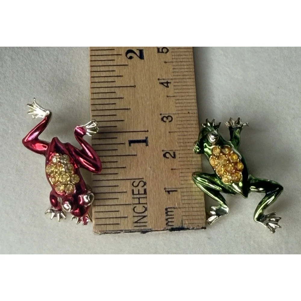 Frog Scatter Brooch Pin Set Red Green Enamel-Like Rhinestone Jeweled 2pc